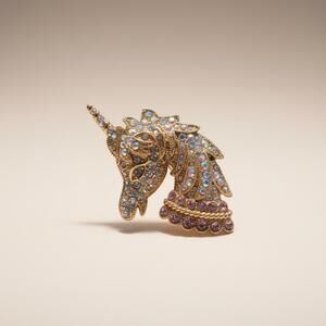 Monet Unicorn Brooch Vintage Gold Pink AB Rhinestone